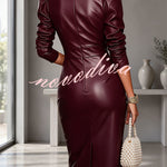 Faux PU Leather V-Neck Long Sleeve Stretch Pencil Midi Dress