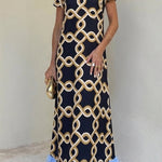 Annalisa Satin Court Style Contrast Color Printed Short Sleeve Pocket Feather Trim Maxi Dress