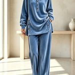 Velvet Button Detail Shirt Neck Top and Elastic Waist Pocket Wide Leg Pants Set