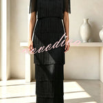 Elowyn Mesh Tiered Tassel Patchwork Round Neck Cape Sleeve Midi Dress
