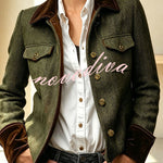 Vintage Herringbone Tweed Velvet Trim Button Up Pocket Long Sleeve Jacket