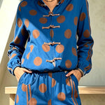 Napoleon Colorblock Polka Dot Zipper High Neck Chinese Style Buttons Pocket Sporty Jacket