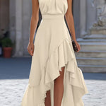 Solid Color Halter Neck Fitted Waist Irregular Ruffle Maxi Dress