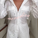 Vivi Embroidered Lace Cutout Long Sleeve Pocket Elastic Waist Loose Shirt Jumpsuit