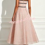 Stardust Plaid and Sequin Bow Patchwork Detail Strapless A-line Midi Dress