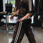 Mix Fashion Lace Striped Trim Short Sleeve Button Shirt and Elastic Waist Pocket Loose Pants Set