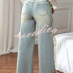 Fashionable Denim Mid Rise Side Ribbon Lace-up Pocket Wide Leg Jeans