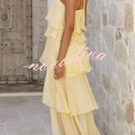 Solid Color Chiffon Halter Neck Elegant Ruffle Maxi Dress