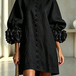 Rima Linen Blend Flowers Button Down Floral Cuffs Half Sleeve Mini Dress