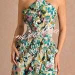 Dream Ode Lily Pad Style Pleats and Ruffles Halter Gown Maxi Dress