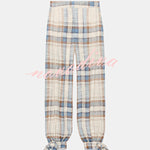 Adrenia Plaid Print Mid Rise Elastic Waist Pocket Tie-up Hem Balloon Pants