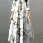 Women Long Sleeve Double Layers Button Asymmetric Vintage Maxi Dress
