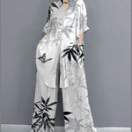 Boho Red Peter Pan Collar shirt wide leg pants Satin Two Pieces Set Spring