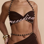 Emara Stretch Mesh Hand Beaded Trim Gathered Sweetheart Crop Halter Vacation Tank