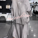 Melissa V-neck Sheer Batwing Sleeve Loose Blouse and Elastic Waist Pocketed Bell Hem Pants Set