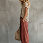 Retro Brick Red Cotton and Linen Wide-leg Pants