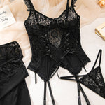 Fashionable Mesh and Lace Patchwork See-through Bra Set with Stockings