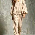 Loose V-Neck Lantern Sleeve Casual Chic Trouser Set