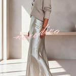 Velma Ribbed Knit V-neck Long Sleeve Relaxed Sweater and Satin Slip Midi Dress