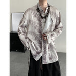 Retro Jacquard Stitching Stand Collar Ink Print Shirt