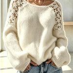 Faux Mink Knit Crochet Flowers Shoulder Wide Neck Long Sleeve Loose Sweater