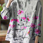 Stylish Blue Embroideried retro Linen Blouse Tops Spring