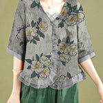 Fashion Red Ruffled Button Patchwork Linen Blouse Top Summer