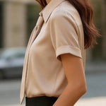 Solid Color Collared Tie Short-sleeved Casual Shirt