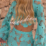 Kylee Floral Cutout Embroidered High Neck Bell Sleeve Crop Top and High Rise Flare Maxi Skirt Set