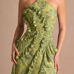 Dream Ode Lily Pad Style Pleats and Ruffles Halter Gown Maxi Dress