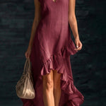 Linen Blend V-neck Sleeveless Ruffled Hem Casual Maxi Dress