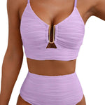 Solid Color V-neck Hollowed-out Pleated High Waist Stretch Two-Piece Bikini Swimsuit