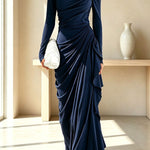 Elegant High Neck Long Sleeve Pleated Draped Fitted Maxi Dress