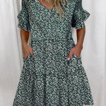 A-Line High Waisted Contrast Color Pleated Pockets Printed Split-Joint V-Neck Midi Dresses