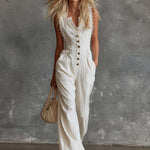 Elegant Vintage Western V-neck Front Buttons Lace Trim White Cotton Jumpsuit