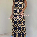 Annalisa Satin Court Style Contrast Color Printed Short Sleeve Pocket Feather Trim Maxi Dress