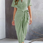 Bodycon Half Sleeves Buttoned Contrast Color Tied Waist Lapel Midi Dresses