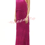 Party Queen Layered Tassel Design Off Shoulder Back Tie-up Maxi Dress