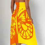 Fashionable Color-blocked Butterfly Print Resort Cover-up Midi Dress