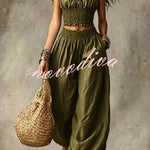 Olive Gypsy  pleated crop top and high-waisted wide-leg pants set