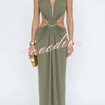 Athena Metal-Link Cutout Design Back Lace-up Drape Maxi Dress