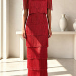 Elowyn Mesh Tiered Tassel Patchwork Round Neck Cape Sleeve Midi Dress