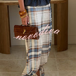 Adrenia Plaid Print Mid Rise Elastic Waist Pocket Tie-up Hem Balloon Pants