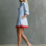 Retro-style Color-blocked Trim Blue Striped Long-sleeved Collared Cotton Mini Dress