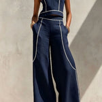 Elysia Contrast-Stitch Linen Two-Piece Set