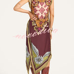 Bohemian Style Floral Print Tassel Trim Irregular Hem Slit Scarf Midi Dress