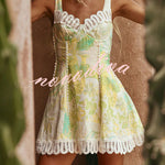 Stelle Linen Blend Floral Print Crochet Zig Zag Trim Back Lace-up Mini Dress