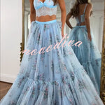 Vita Floral Satin Bow Lace Back Lace-up Crop Tank and Tulle High Rise A-line Maxi Skirt Set