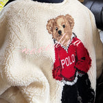 Cute Bear Print Colorblock High-Pile Fleece Zipper High Neck Long Sleeve Pocket Sweatshirts