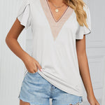 Zeagoo Zeagoo Women's Contrast Lace Trim V Neck Blouses Petal Short Sleeve Tunic Loose Casual Soft Shirts